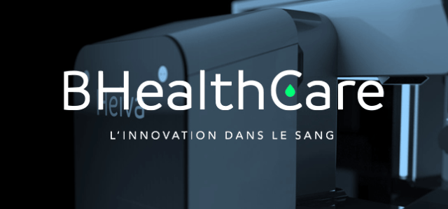 Texte en blanc : entreprise BHealthCare avec en arrière-plan leur technologie de prélèvement sanguin